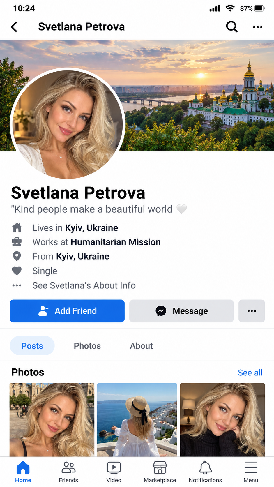 Profil fictif de Svetlana Petrova : portrait, couverture de ville, célibataire, mission humanitaire et photos.